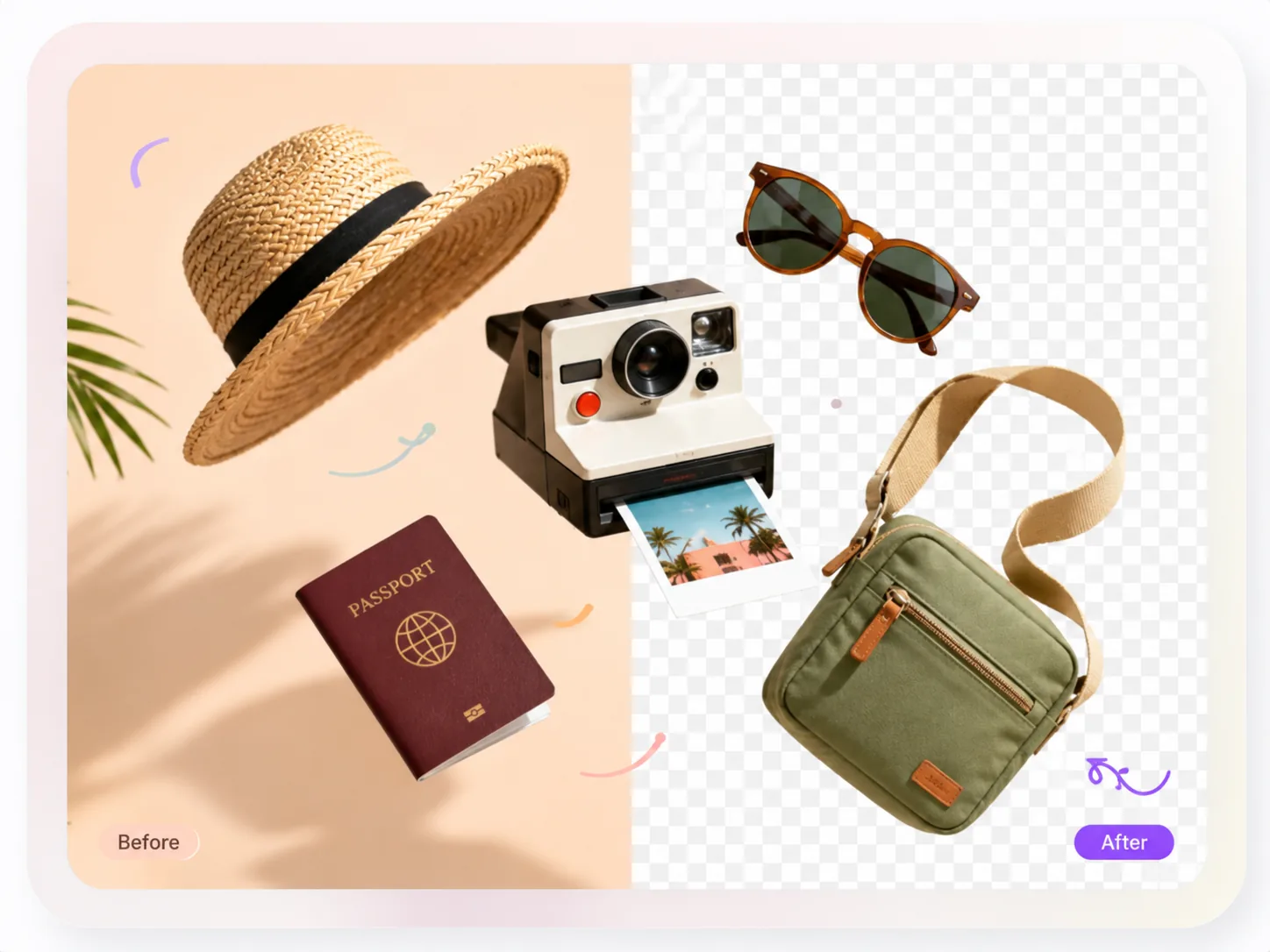 Travel essentials with instant camera before and after background removal