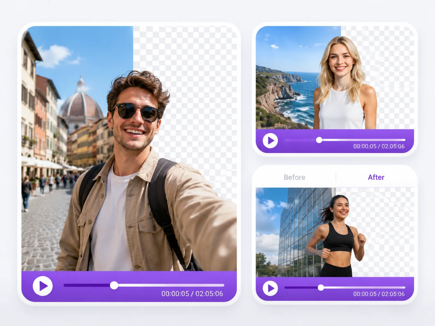 Travel selfie video background removal preview